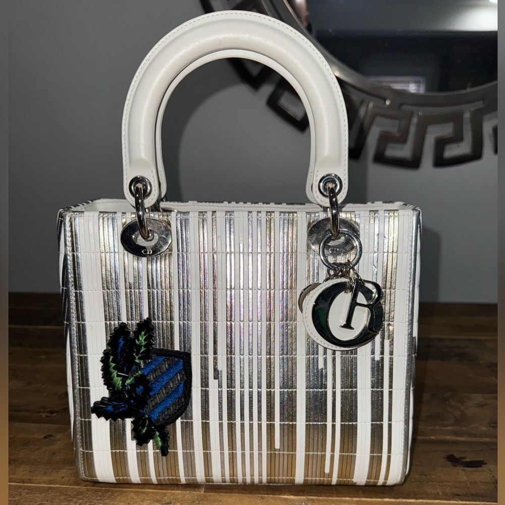 Dior Lady Dior 2way shoulder Handbag leather White Silver Gold